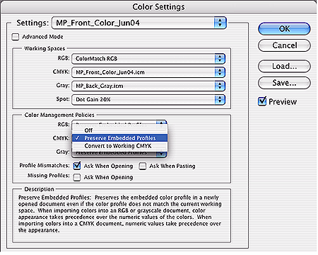 photoshop color settings menu preserve embedded profiles