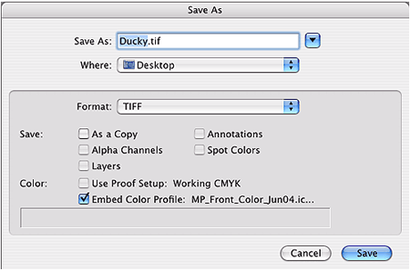 photoshop save as menu with embedded color profile