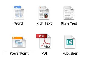 logos of different file formats word rich text plain text powerpoint pdf publisher
