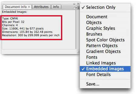 adobe illustrator document info menu embedded images