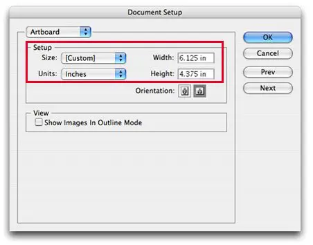 adobe illustrator document setup settings with a red box around the size height width units