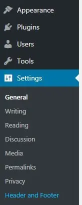 wordpress menu showing head and footer plugin settings