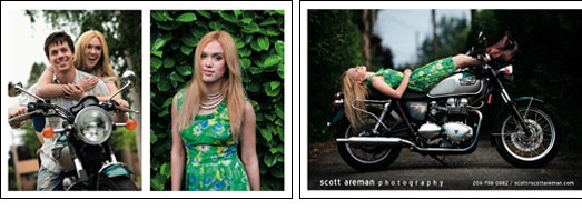 postcard example from a professional photographer with a woman laying on a motorcycle in a green dress