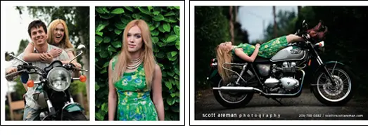 postcard example from a professional photographer with a woman laying on a motorcycle in a green dress