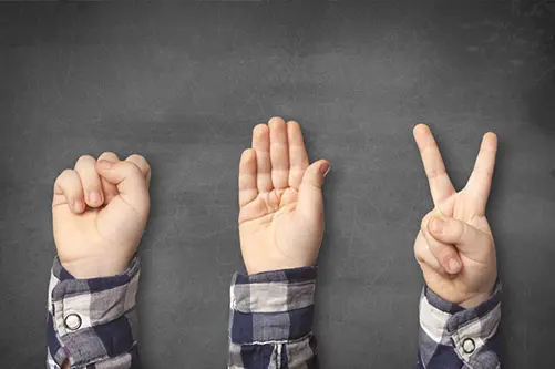 hands over a chalkboard background doing the rock paper scissors game
