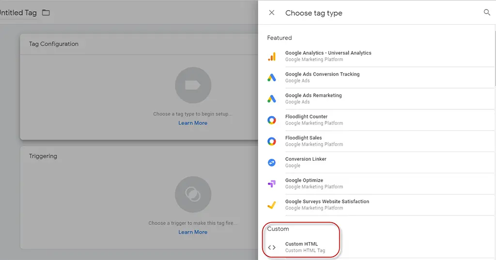 google tag manager adding custom tag type