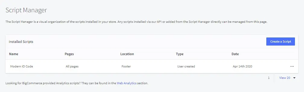 bigcommerce script manager showing all installed scripts