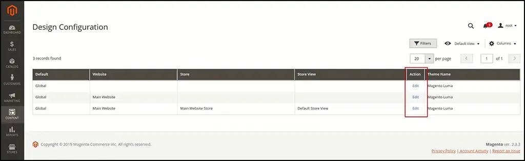 magento screen for design configuration with the edit text highlighted
