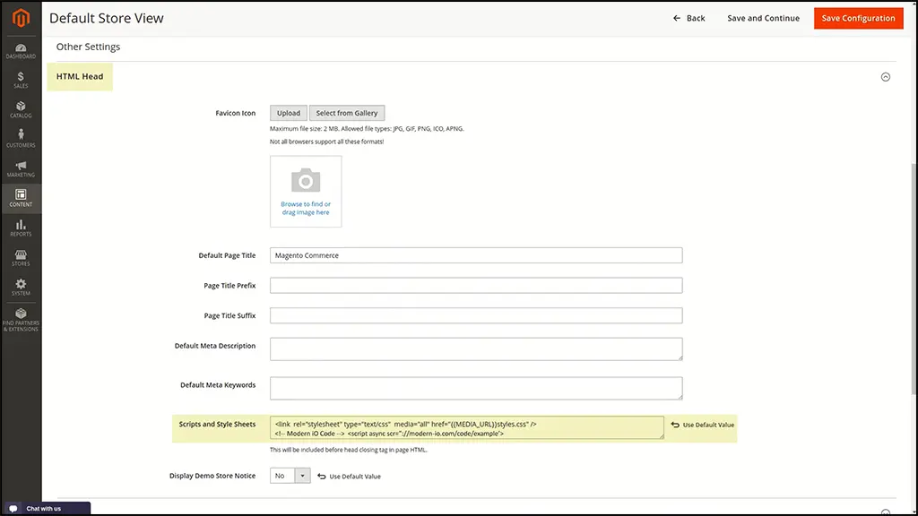 magento default store view for adding scripts and style sheets